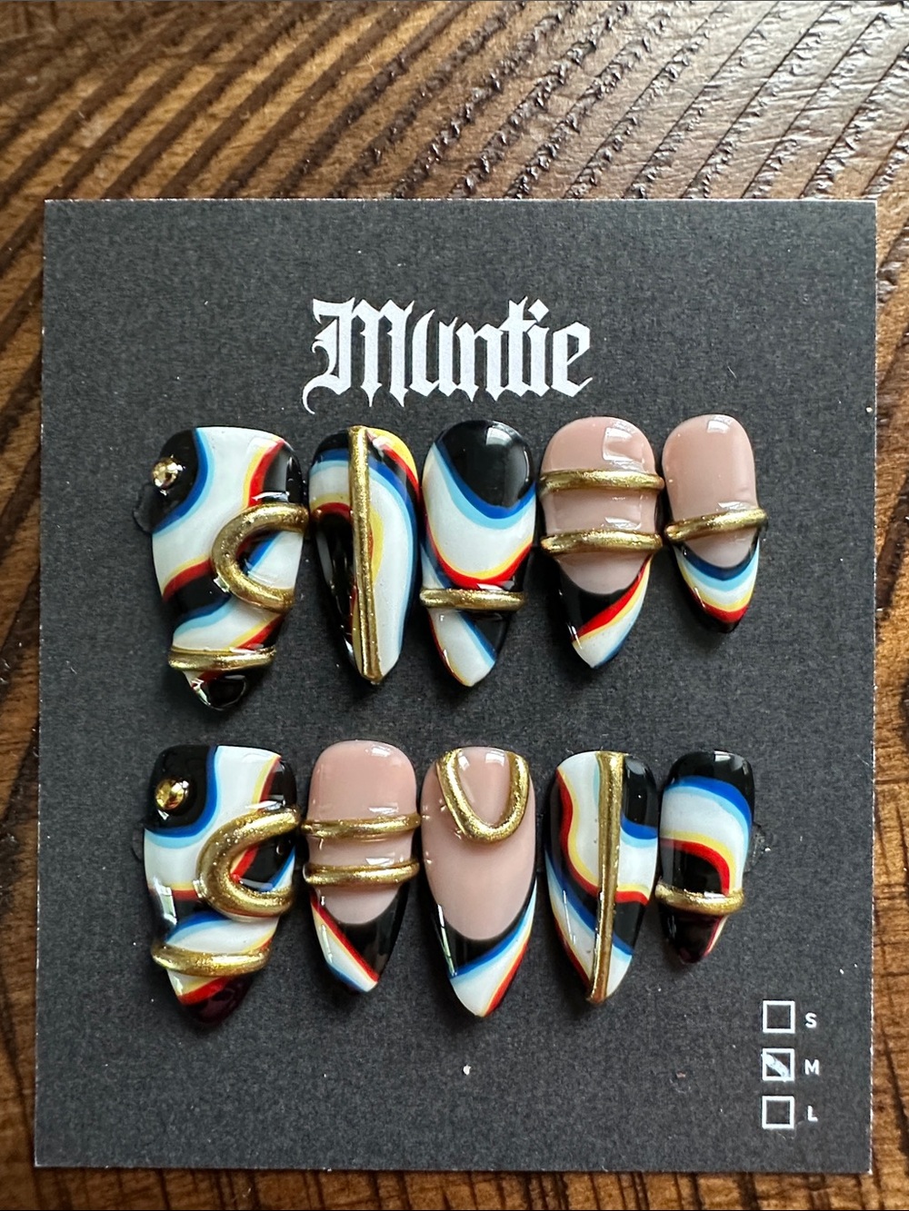 Multicolor Sculpted Press-On Nails with Gold Metal Accents